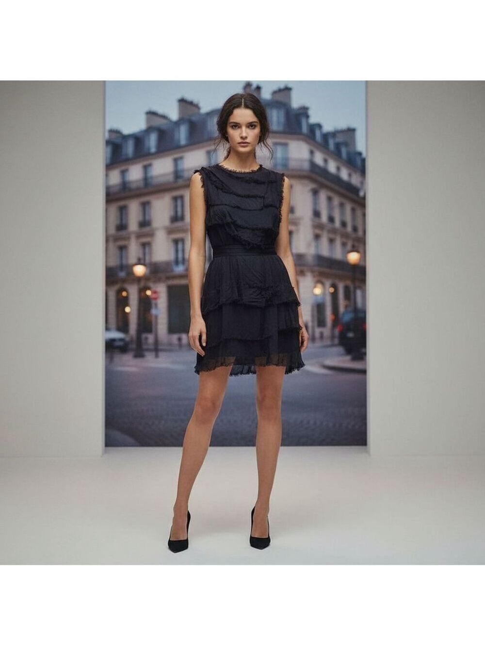Tempo Paris Black Silk Multilayer Mini Dress Medium